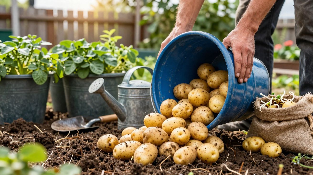 Pessoa despejando batatas recém colhidas de balde azul em solo de horta com regador e plantas ao fundo.