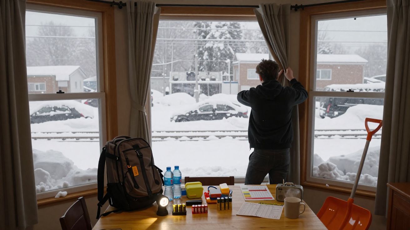 Pessoa abre cortina para observar neve acumulada do lado de fora em casa iluminada e mesa com objetos.