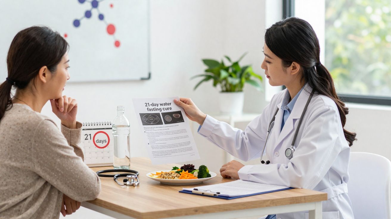 Médica explicando plano de jejum de água de 21 dias para paciente em consulta com alimentos e calendário na mesa.