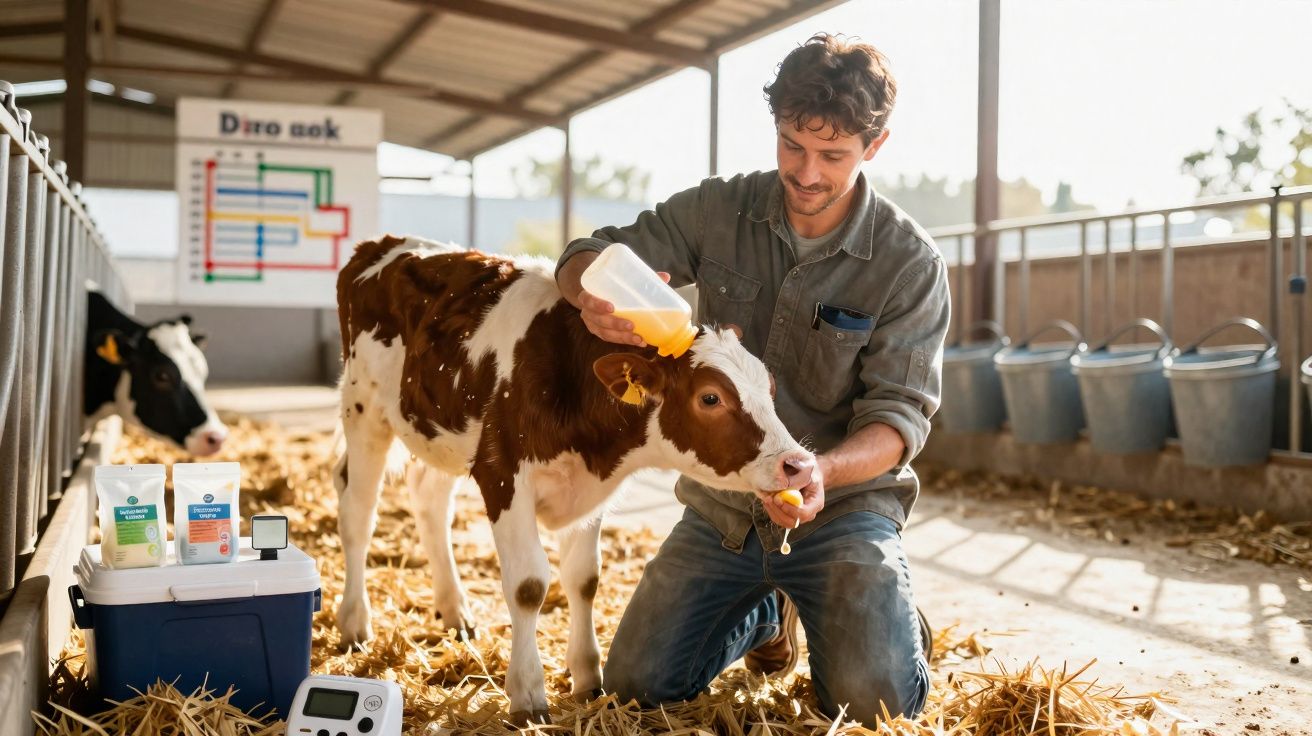 Homem alimenta bezerro com mamadeira em galpão agrícola com palha no chão e vacas ao fundo.
