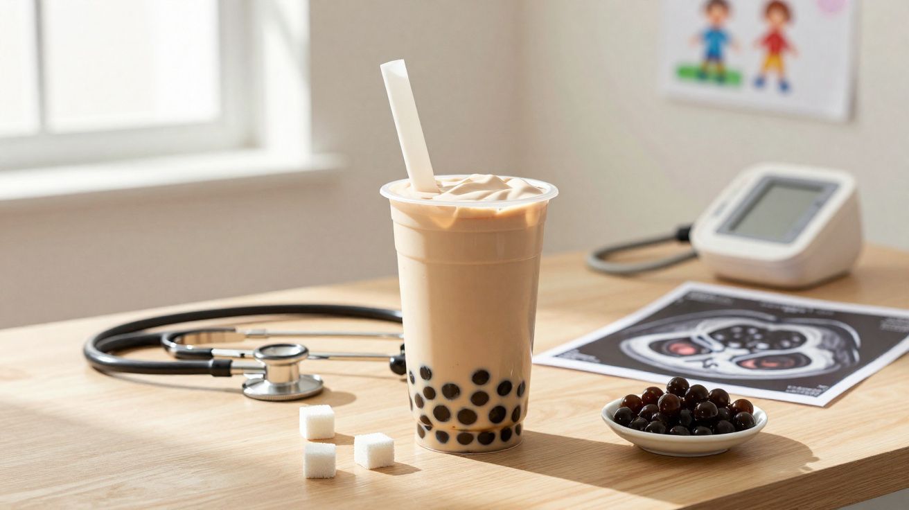 Copo de tapioca com pérolas, três cubos de açúcar, estetoscópio e aparelho de medição em mesa de madeira.