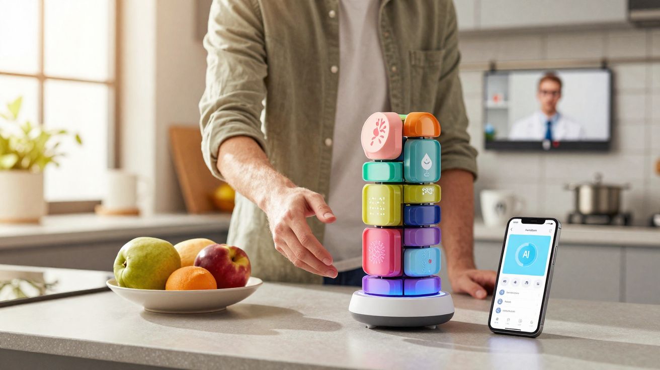 Pessoa interagindo com dispositivo tecnológico colorido empilhado em base, celular com app aberto e frutas ao lado em bancada