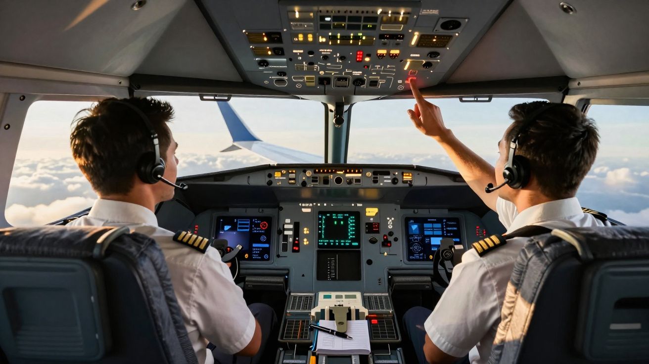 Dois pilotos trabalhando no cockpit de avião com painéis de controle e céu com nuvens ao fundo.