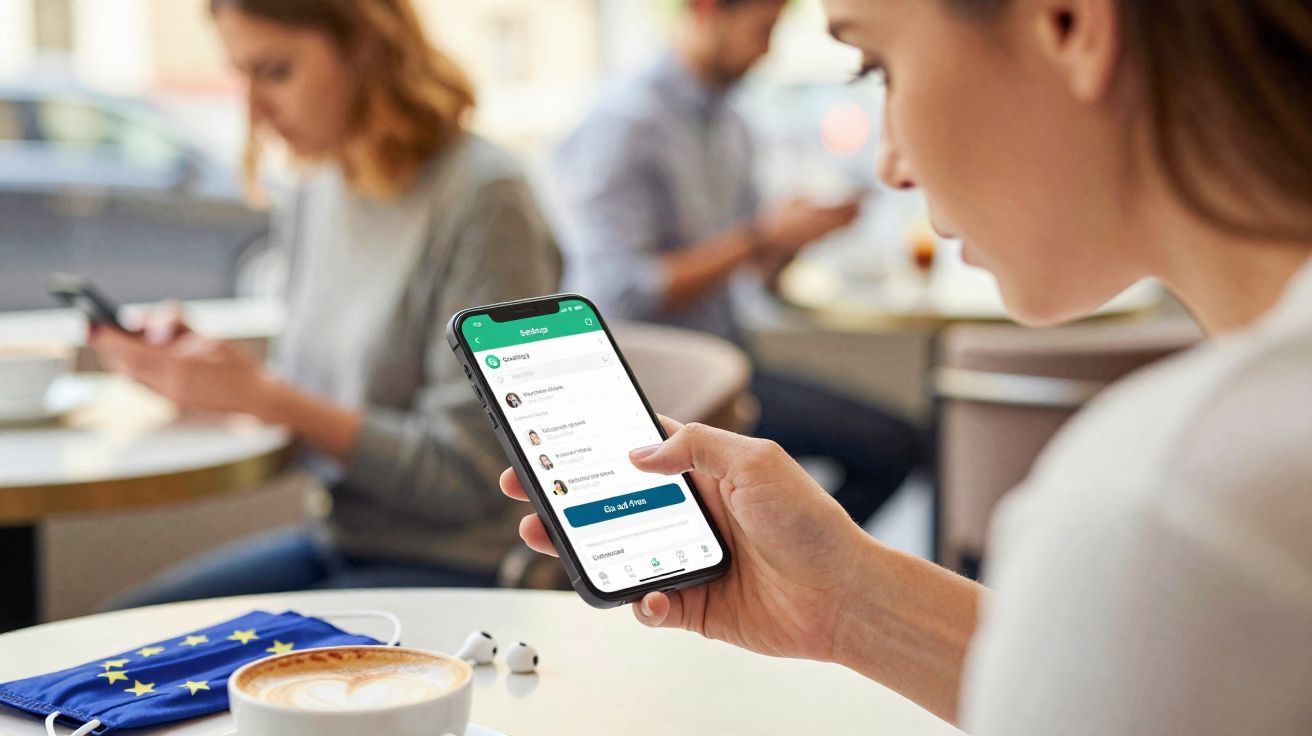 Pessoa segurando smartphone com aplicativo de mensagens, máscara da União Europeia e café na mesa em café.