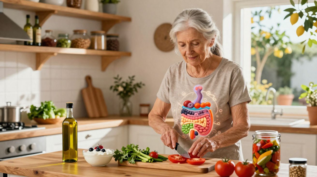 Mulher idosa cortando tomate na cozinha com ilustração colorida do sistema digestivo sobreposta ao corpo dela.