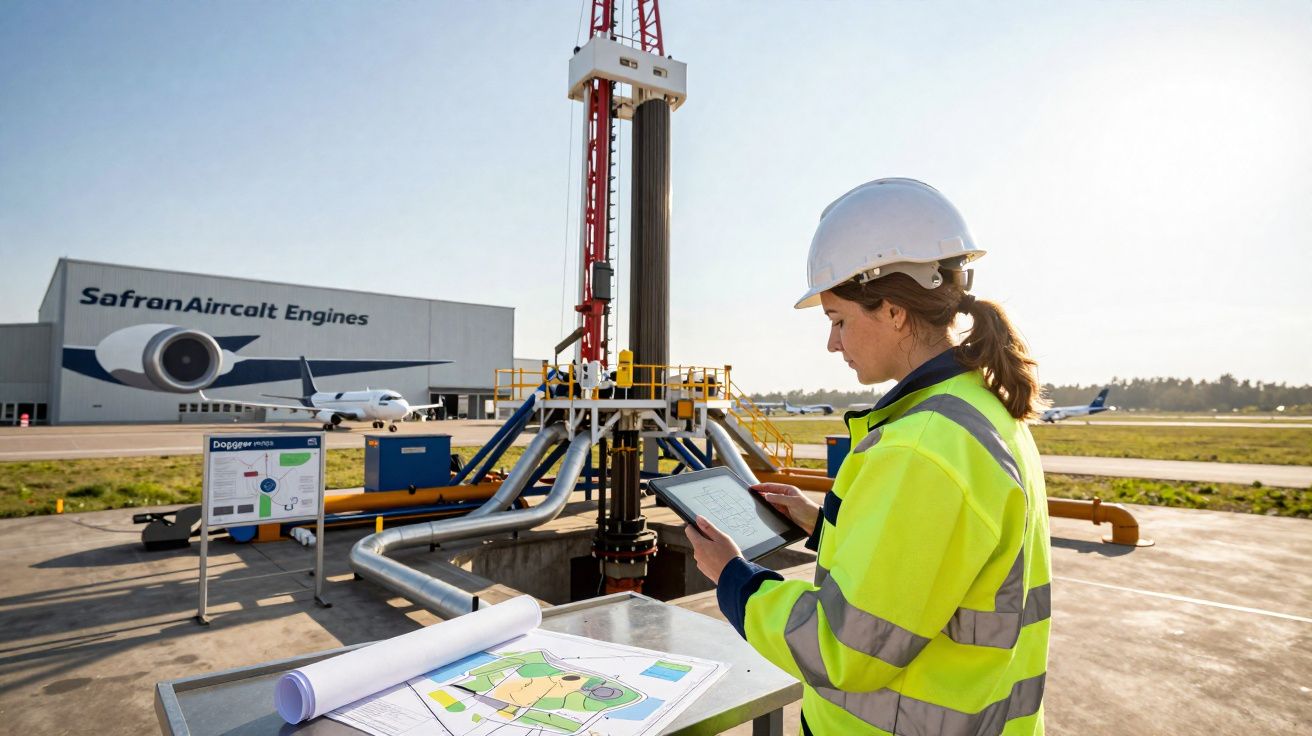 Mulher com capacete e colete refletivo usando tablet em área industrial com planta e avião ao fundo.