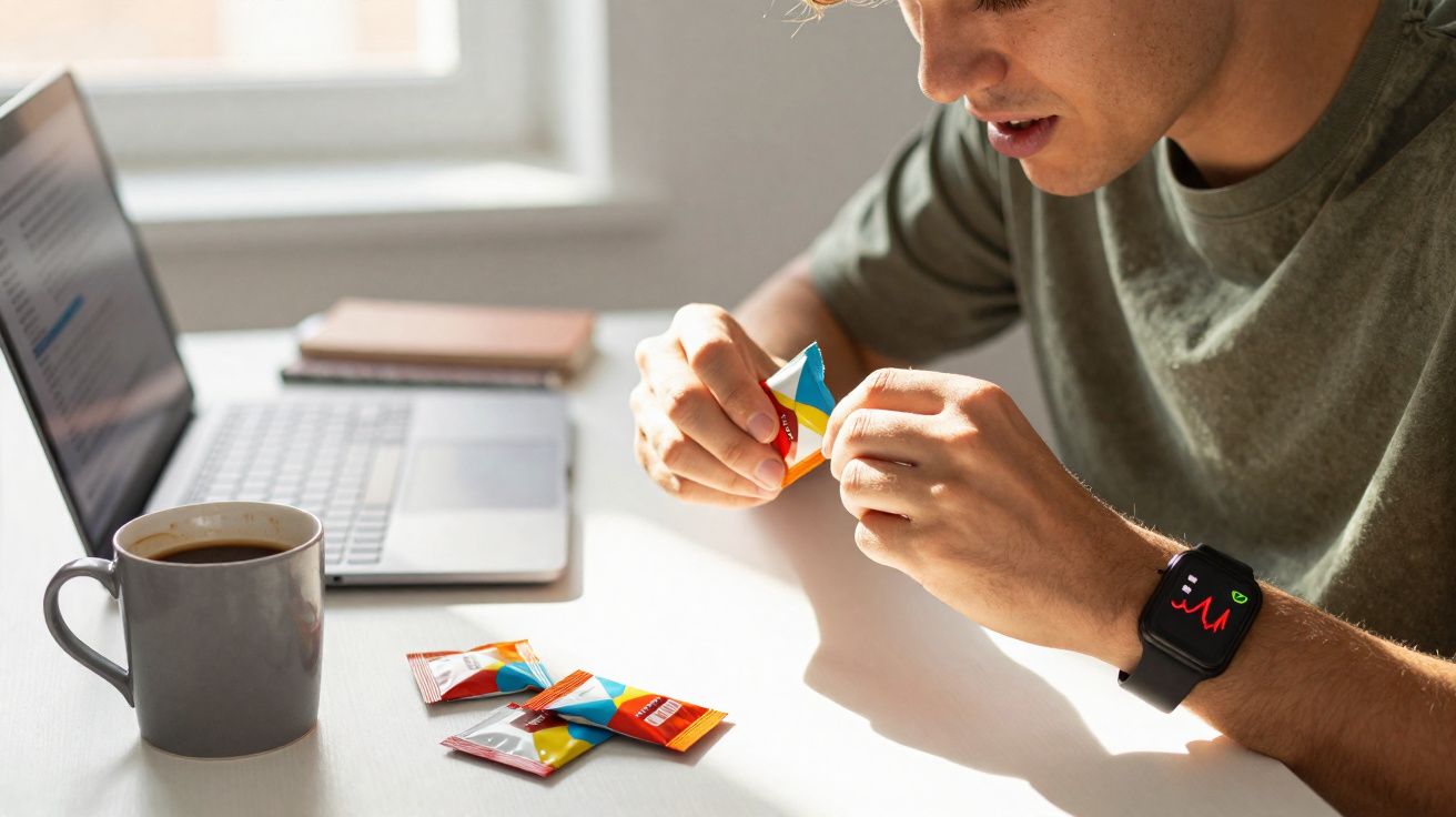 Pessoa abrindo sachê colorido em mesa com notebook, xícara de café e sacos semelhantes espalhados.