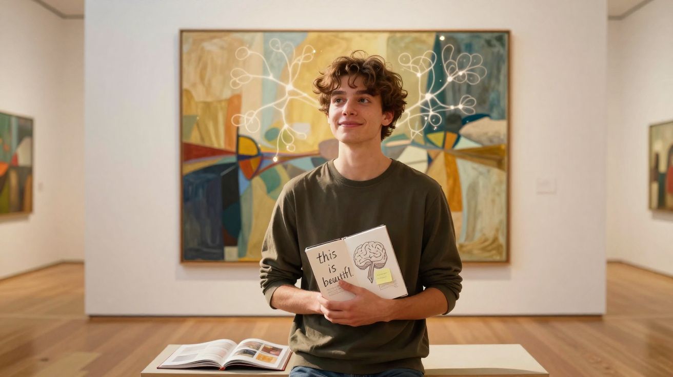 Jovem sentado em museu segurando livro com ilustração de cérebro e texto "this is beautif".