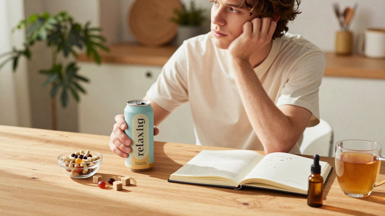 Jovem sentado à mesa com livro aberto, segurando lata de bebida relaxante, ao lado de doces e chá.