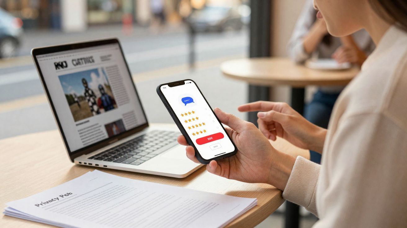 Pessoa segurando celular com avaliação por estrelas na tela, laptop e documentos sobre mesa de madeira.