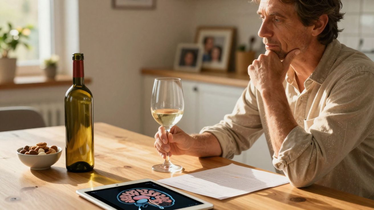 Homem pensativo segurando taça de vinho branco, com garrafa, caderno, no tablet imagem de cérebro.