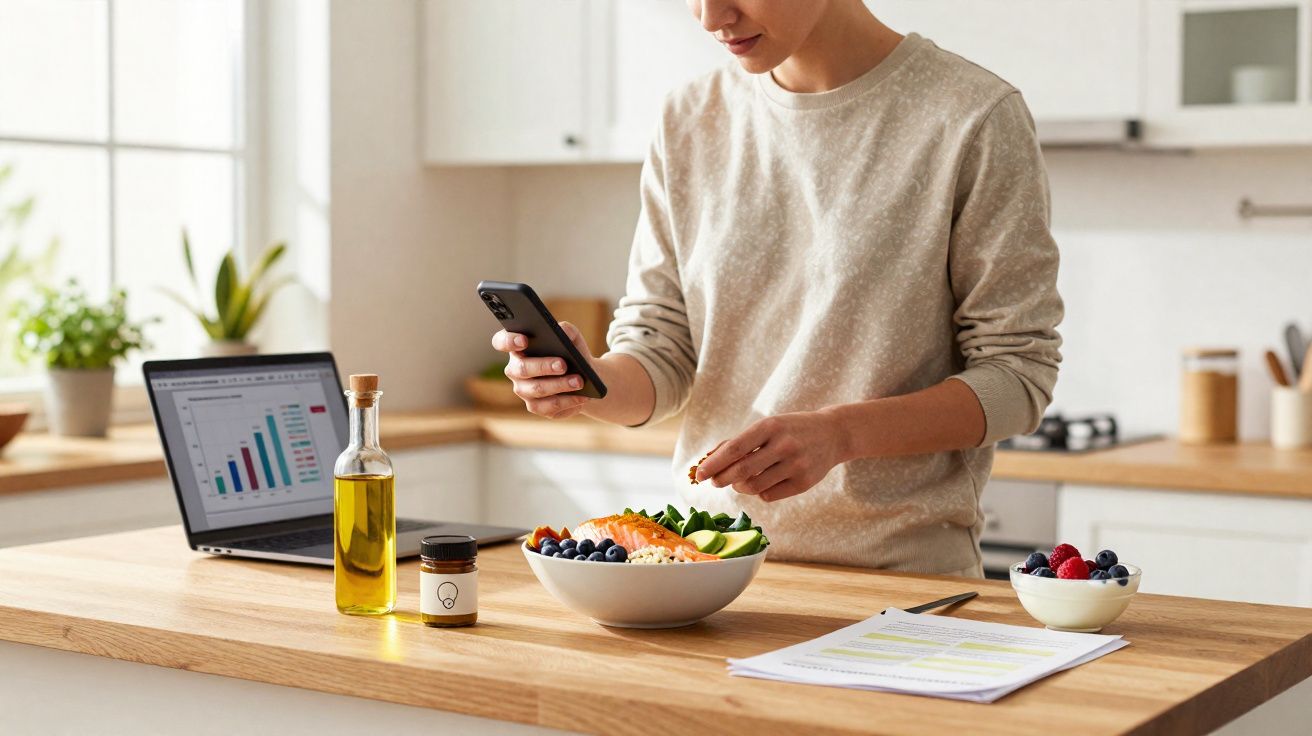Pessoa segurando celular e preparando salada nutritiva na cozinha com notebook e documentos na bancada.