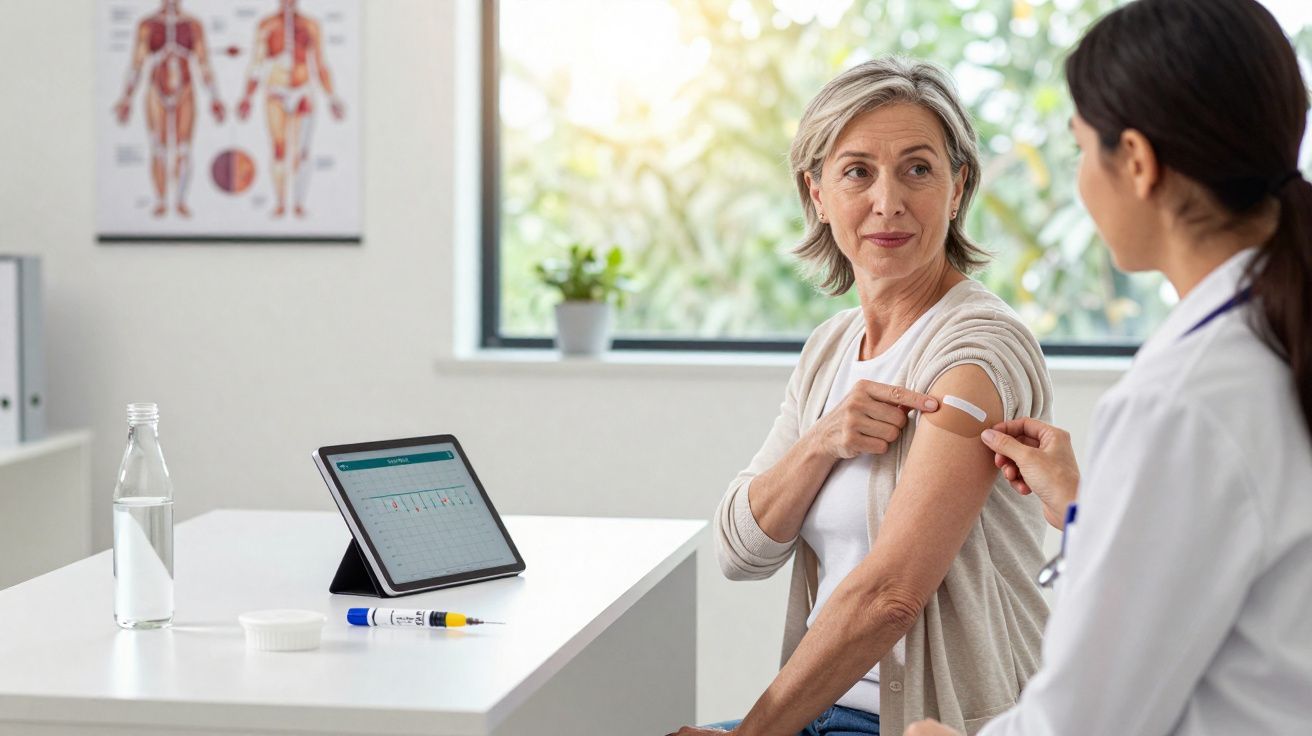 Mulher recebendo curativo após vacinação aplicada por médica em clínica iluminada.
