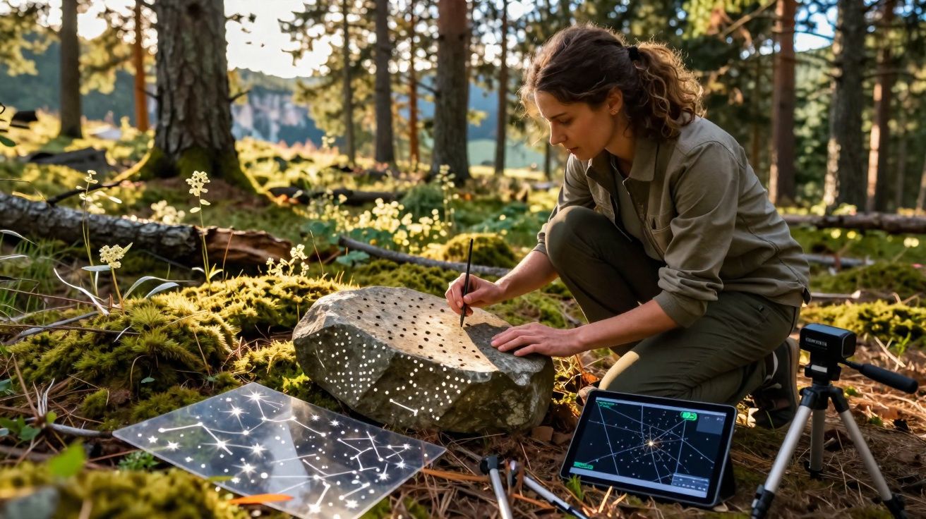 Mulher registra constelações com furadeiras em pedra na floresta, usando tablet e equipamento de fotografia.