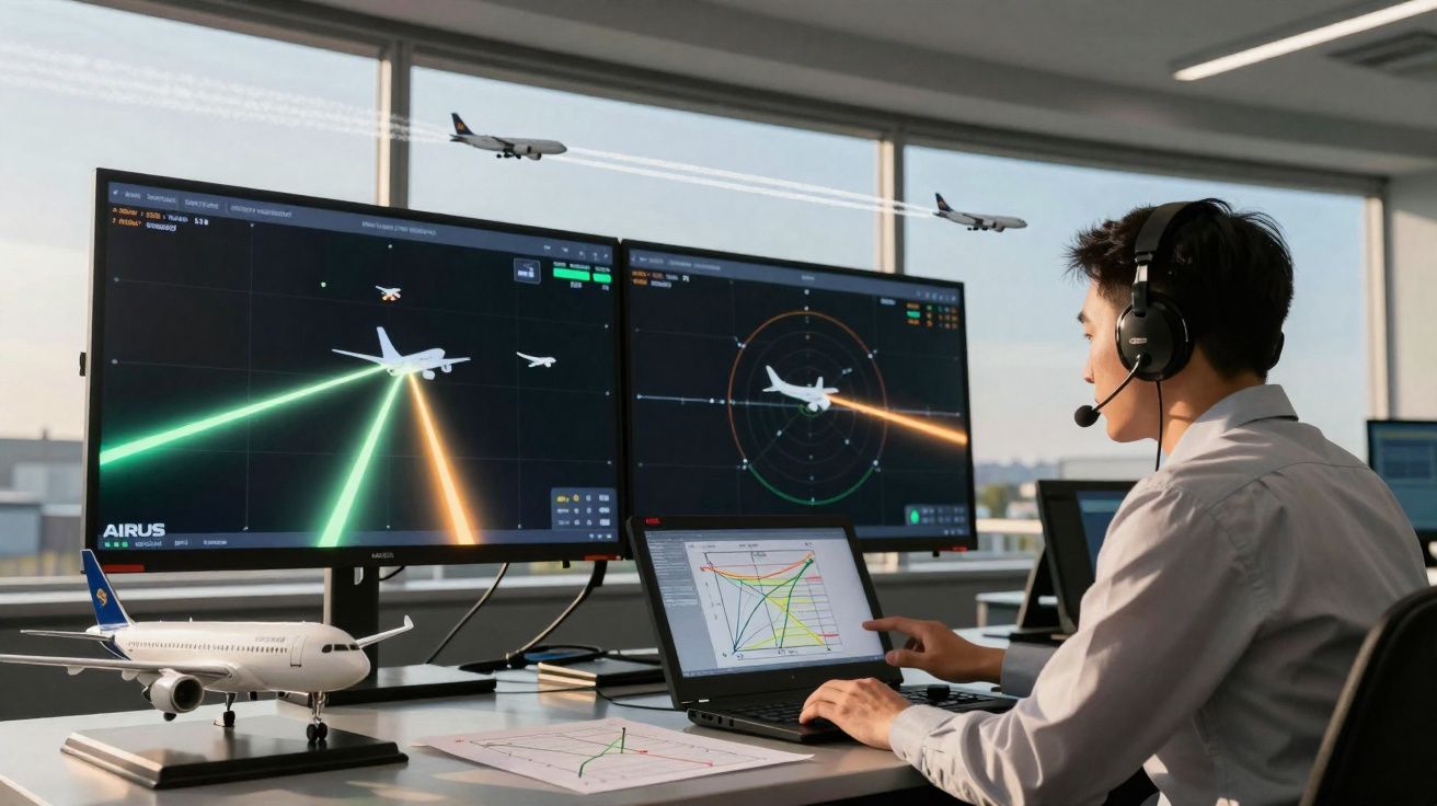 Controlador de tráfego aéreo monitorando voos em telas e com modelo de avião na mesa em aeroporto.