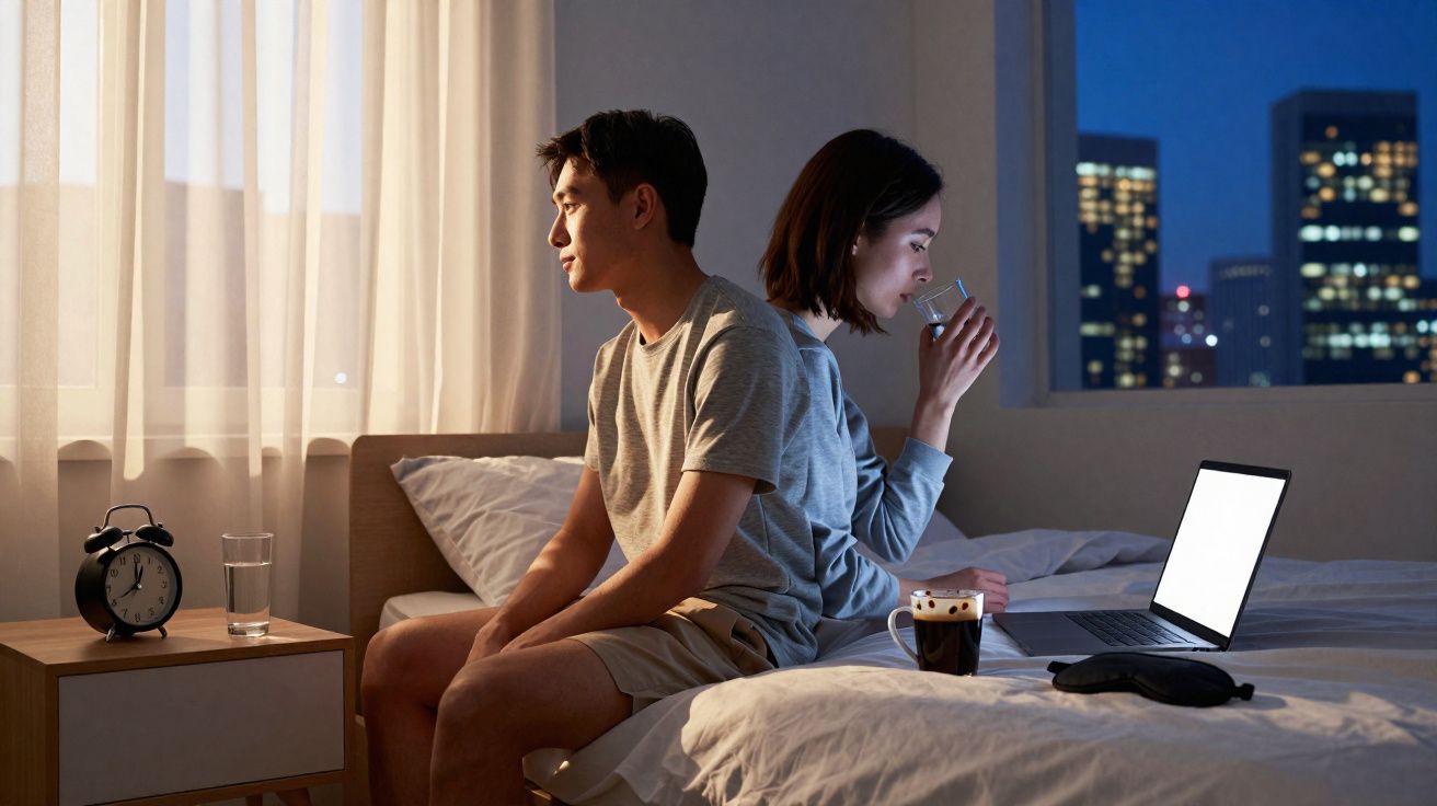 Casal sentado na cama de costas uma para a outra, ele olhando pela janela e ela bebendo água com laptop ao lado, à noite.