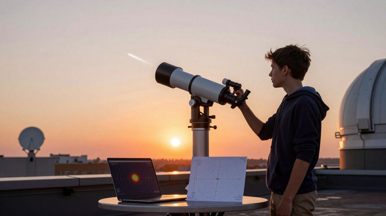 Jovem observa o céu ao pôr do sol usando telescópio em observatório com laptop e papéis na mesa.