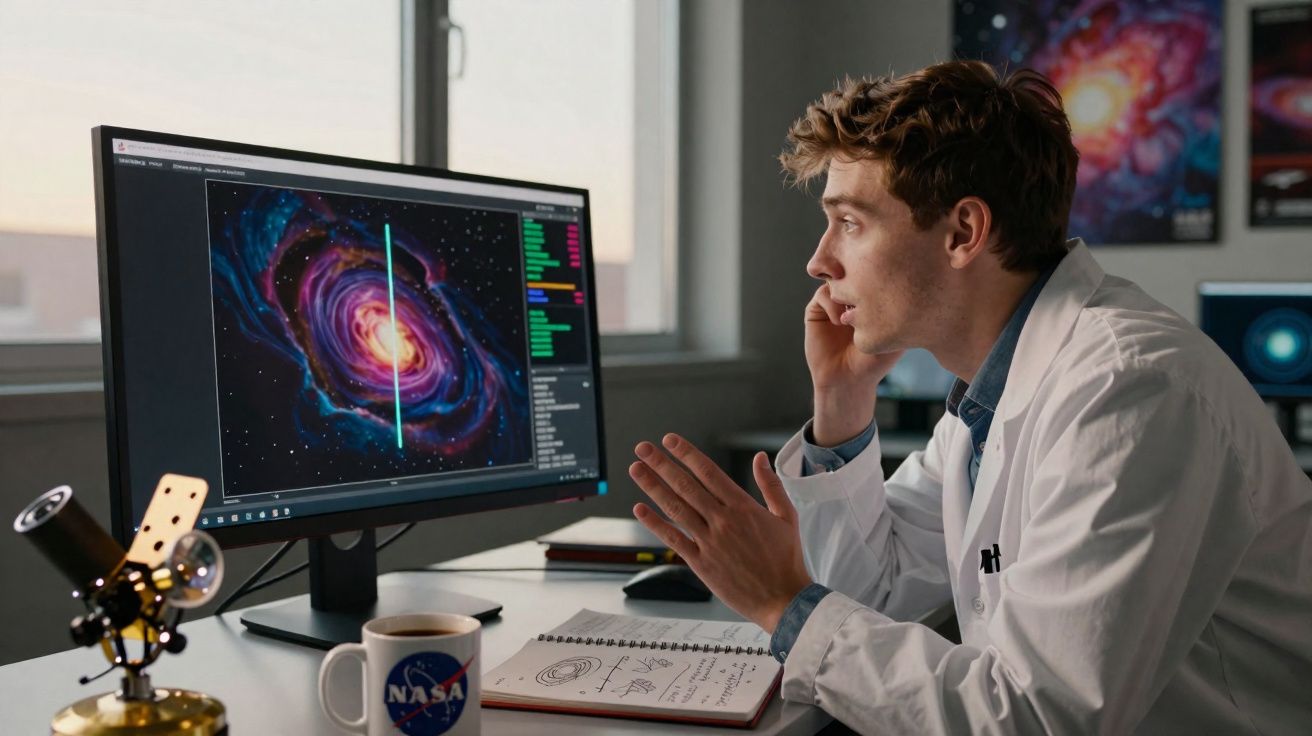 Cientista observando imagem de galáxia na tela do computador em laboratório com telescópio e xícara da NASA.