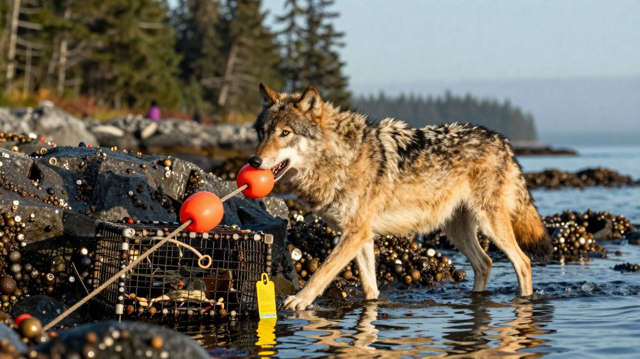 Lobo na beira de rio com água até as patas interage com uma armadilha de frutos do mar e bóias vermelhas.