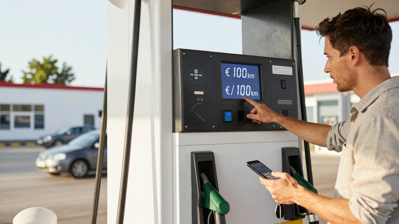 Homem usando celular e apontando para display com preços de combustível em posto de gasolina.