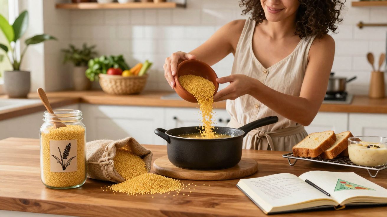 Mulher adicionando milho para cozinhar em panela na cozinha, com livro de receita aberto e pão ao fundo.