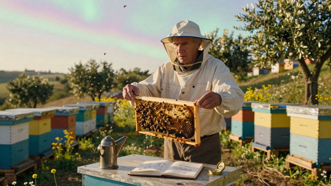 Apicultor segurando quadro de mel com abelhas em colmeia ao ar livre em campo florido.