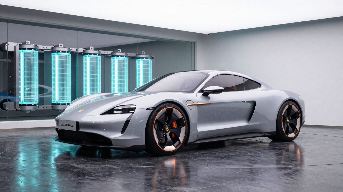 Carro esportivo elétrico prata em garagem moderna com baterias azuis iluminadas na parede ao fundo.