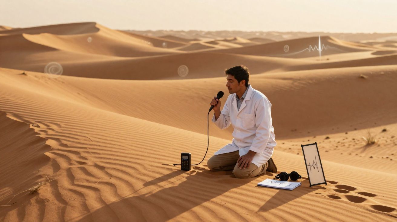 Homem de branco com microfone e equipamentos grava sons em dunas de deserto ao entardecer.