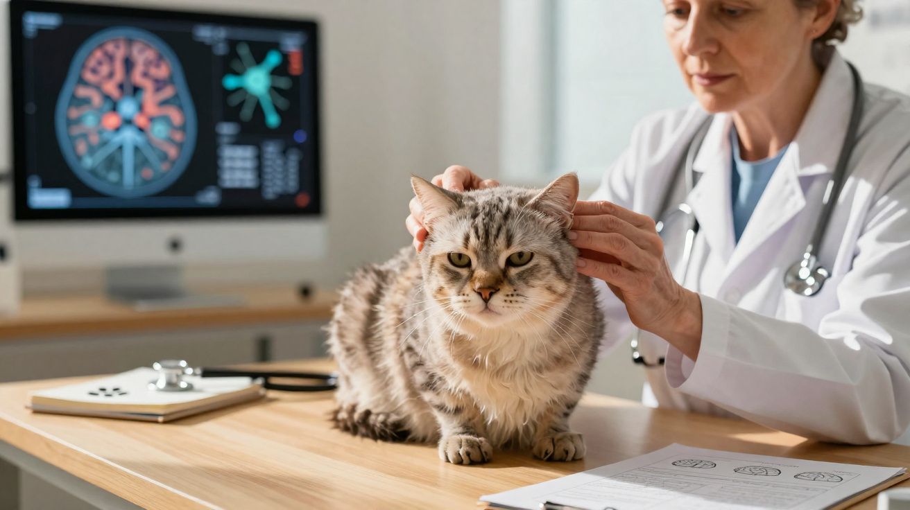 Veterinária examinando gato cinza durante consulta com imagens cerebrais no computador ao fundo.
