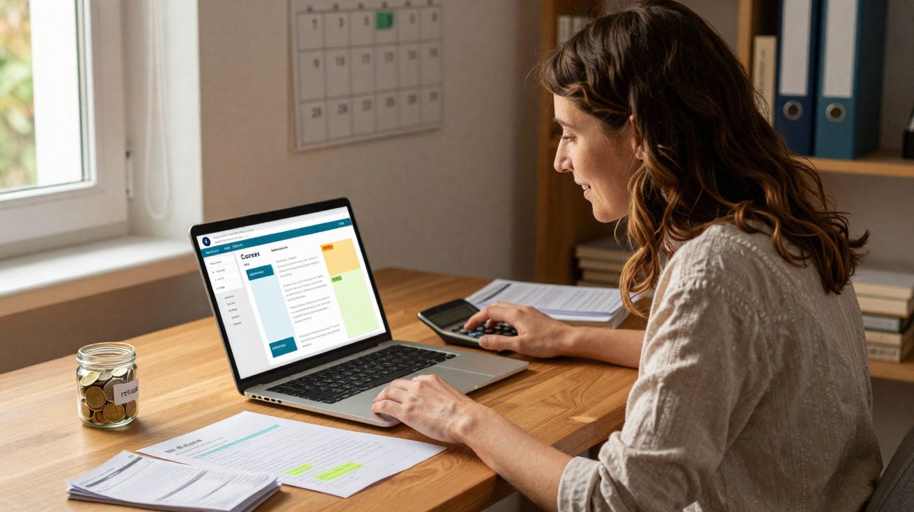 Mulher sentada à mesa usando laptop e calculadora, analisando documentos financeiros em ambiente iluminado.
