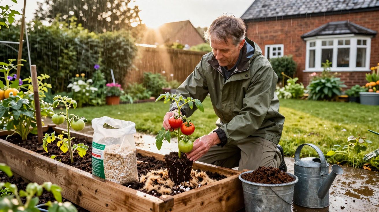 Homem plantando muda de tomate em canteiro elevado no jardim durante o entardecer chuvoso.