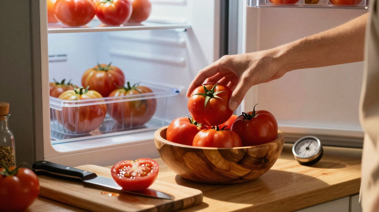 Pessoa pegando tomate em tigela de madeira perto da geladeira aberta cheia de tomates vermelhos.