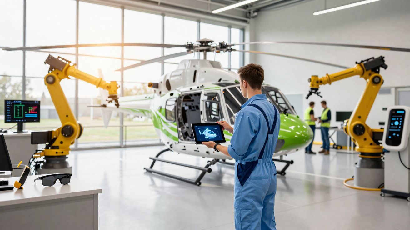 Técnico em uniforme azul inspeciona helicóptero branco e verde em hangar com braços robóticos amarelos.