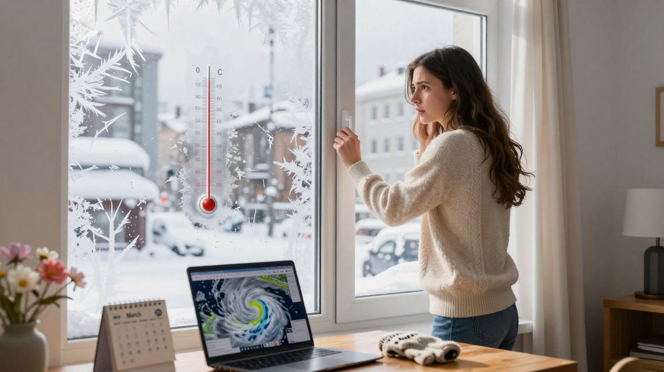 Mulher olhando pela janela com termômetro marcando frio e neve do lado de fora, em ambiente interno.
