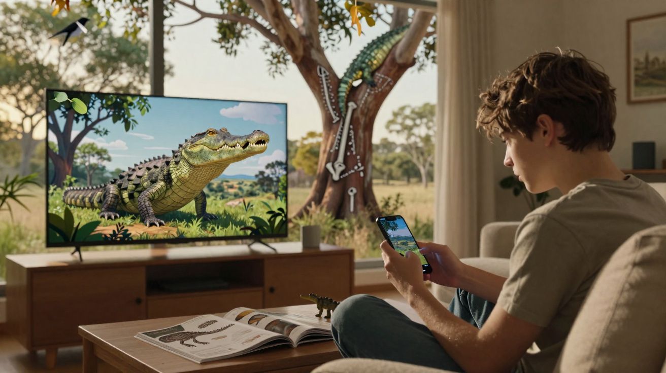 Jovem sentado no sofá interagindo com celular enquanto assiste a crocodilo animado na TV.