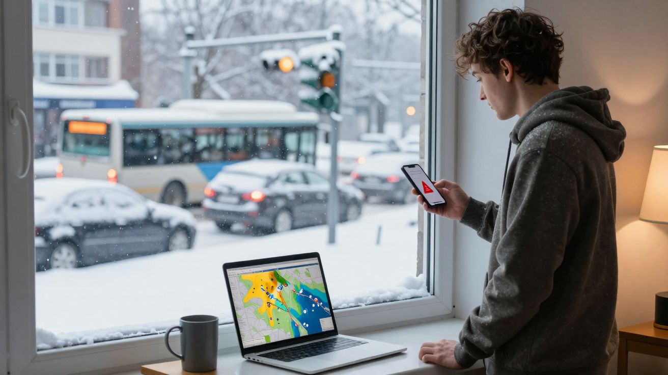 Jovem em moletom consulta alerta de tempestade no celular, com laptop mostrando mapa do tempo na janela com neve.