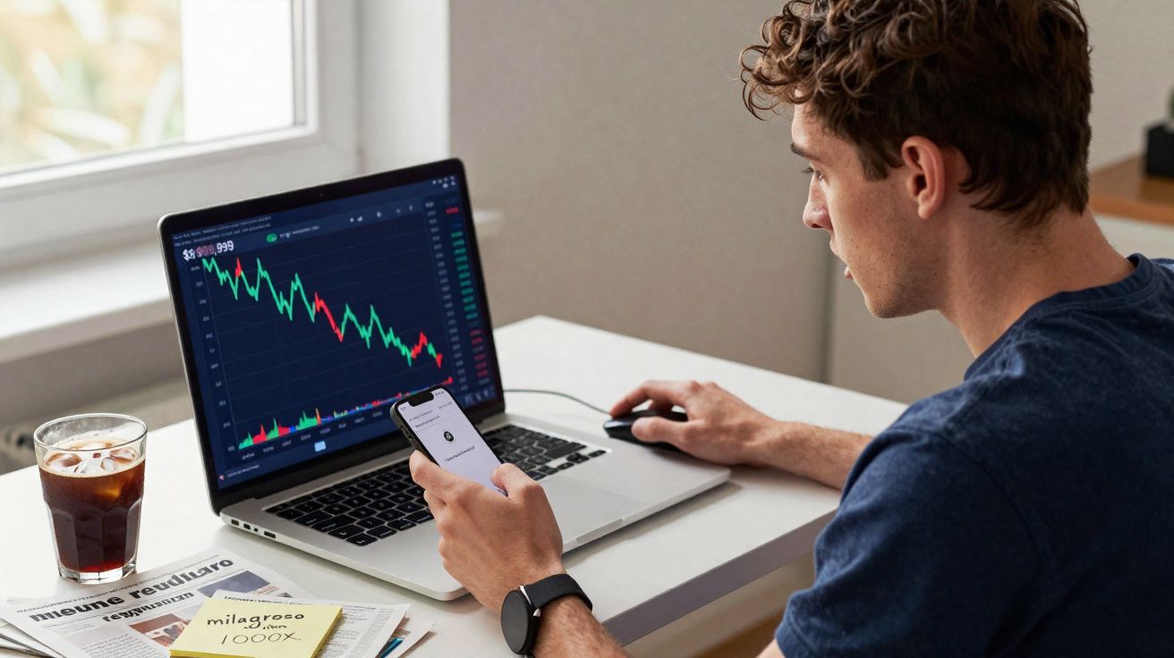 Homem sentado em mesa com laptop mostrando gráfico financeiro em queda, usando celular e mouse.