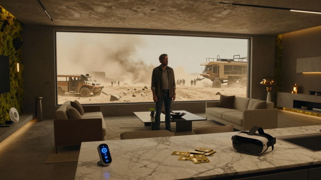 Homem em sala moderna observa a cena de um deserto com veículos e fumaça pela janela ampla.