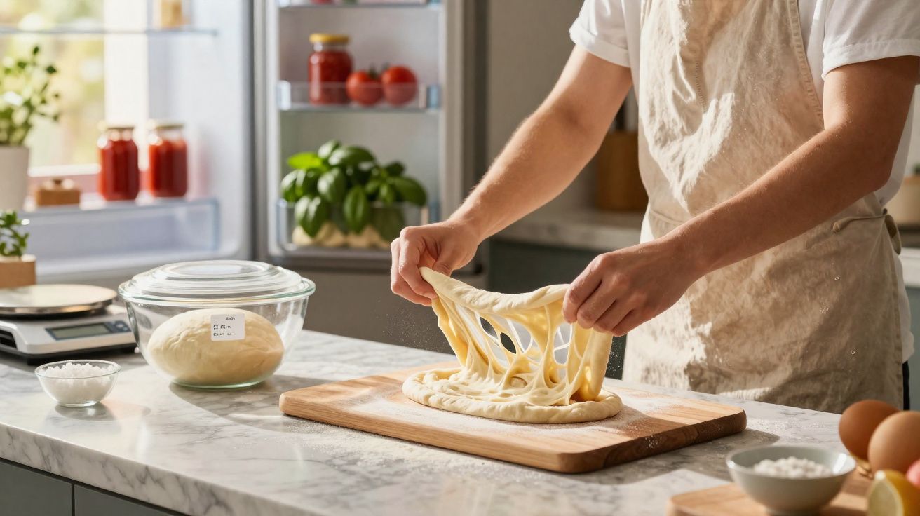 Pessoa esticando massa de pizza sobre tábua de madeira em cozinha iluminada natural.