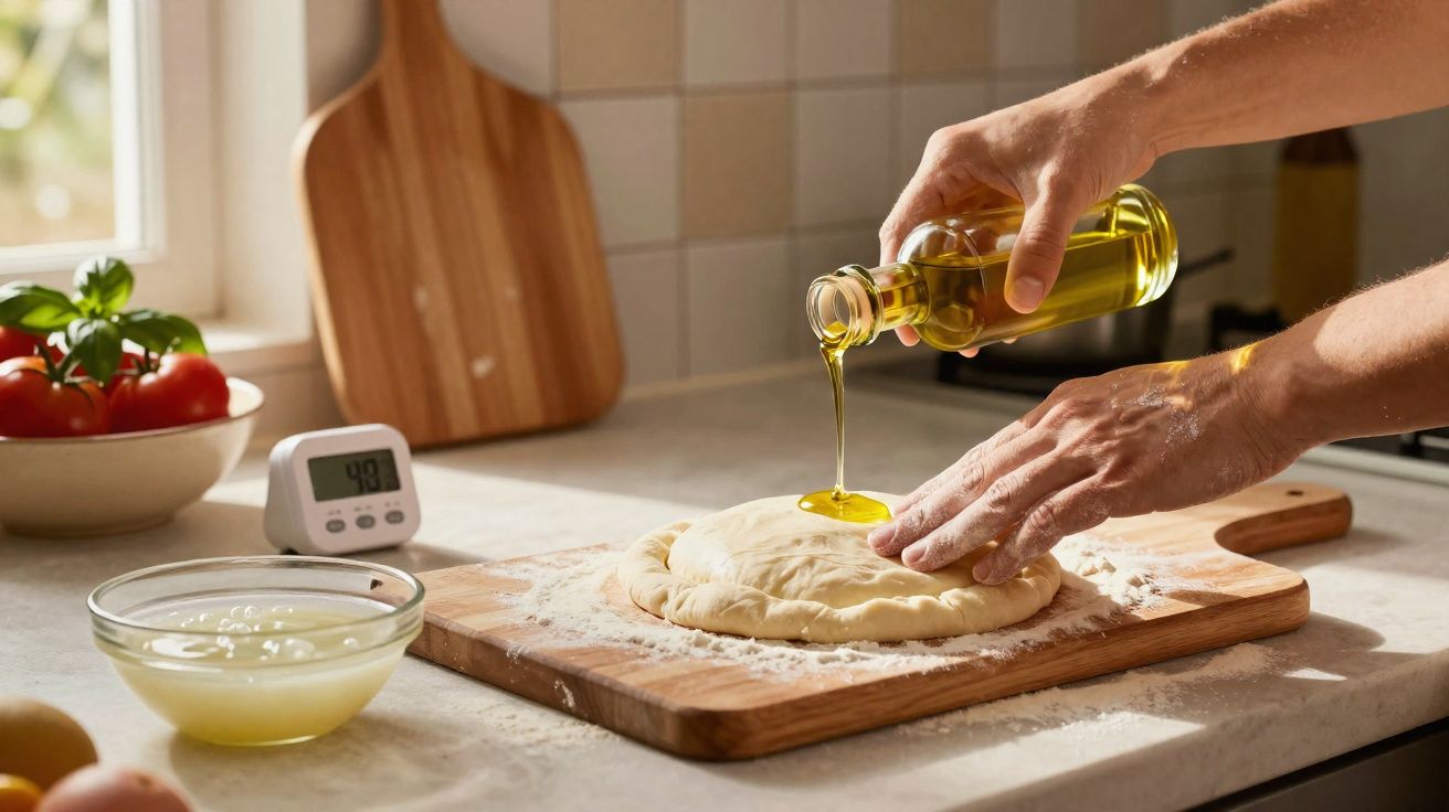 Mãos despejando azeite sobre massa de pão em tábua de cortar, ao lado de ingredientes e timer na bancada da cozinha.