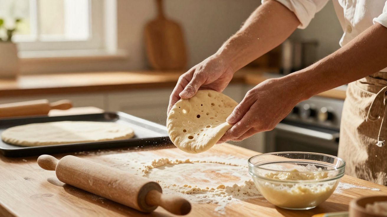 Pessoa preparando massa de pão com buracos em uma cozinha iluminada, ao lado de um rolo de massa e tigela.