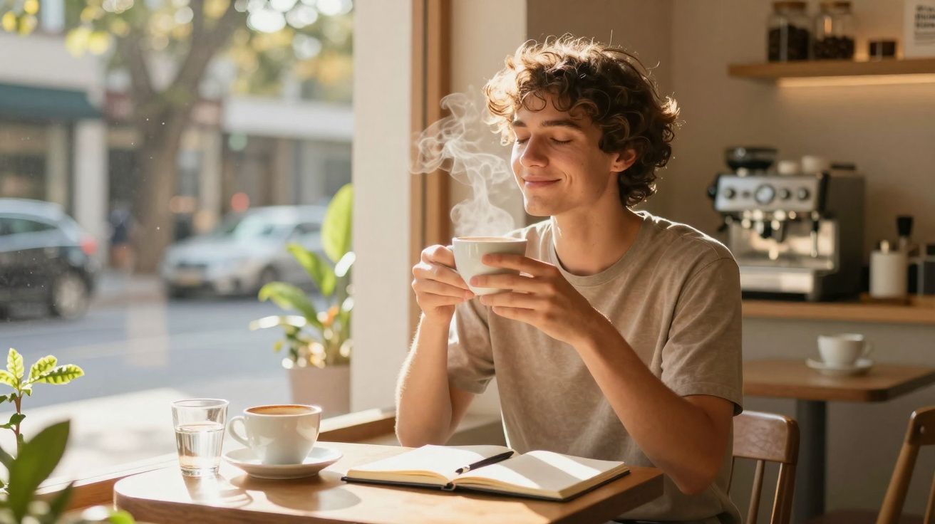 Jovem sorrindo segurando xícara de café quente em cafeteria, com livro aberto sobre a mesa.