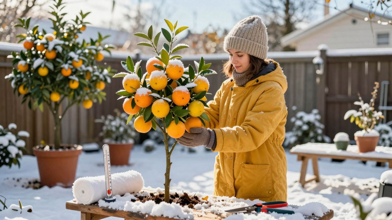 Mulher com casaco amarelo cuidando de árvore com laranjas em jardim coberto de neve.