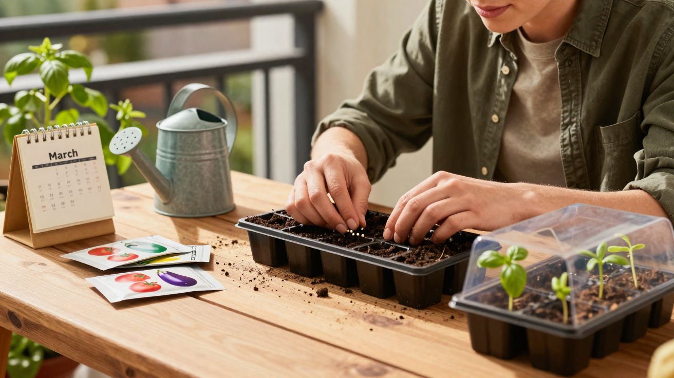 Pessoa plantando sementes em bandeja de mudas em mesa de madeira com regador e calendário de março.
