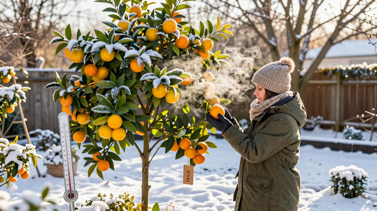 Mulher vestindo roupas de inverno colhendo laranjas em árvore coberta de neve em jardim ensolarado.