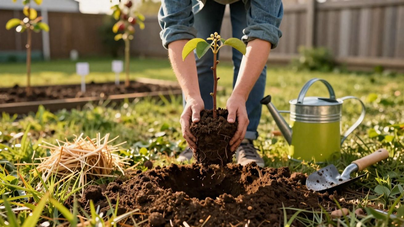 Pessoa plantando muda em jardim com regador e pequena pá ao lado em dia ensolarado.
