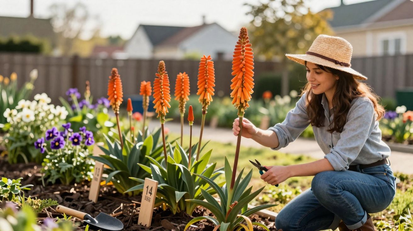 Mulher com chapéu cuidando de flores laranja em jardim ensolarado, com tesoura na mão e sorriso no rosto.