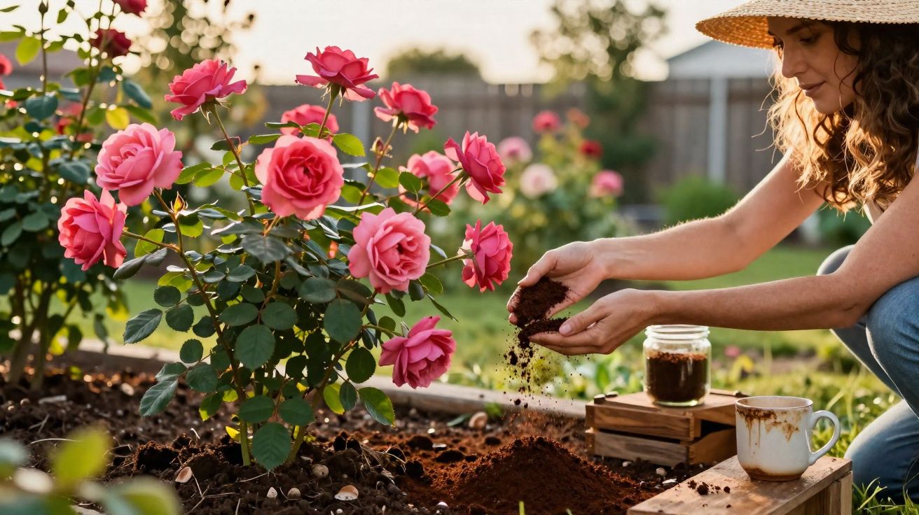 Mulher com chapéu cuidando de rosas cor de rosa em jardim durante o dia ensolarado.