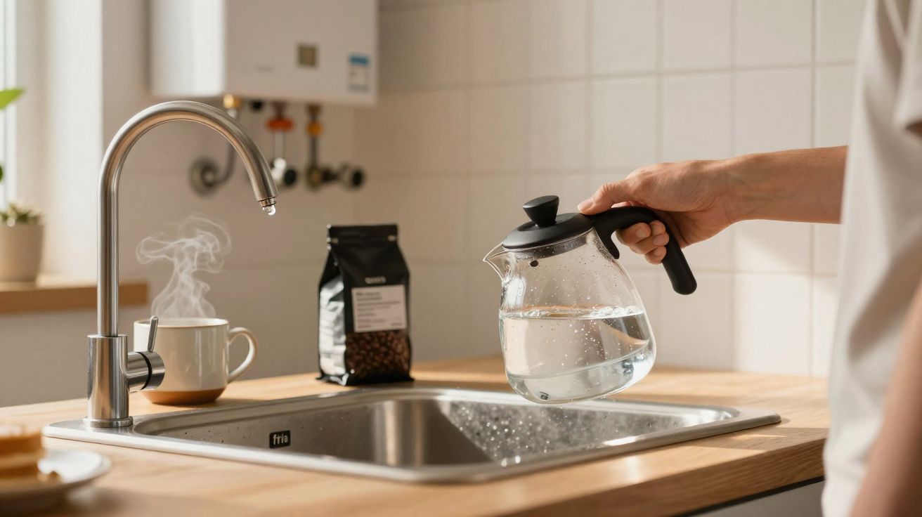 Pessoa segurando jarra de vidro com água quente perto da pia na cozinha com xícara fumegante.