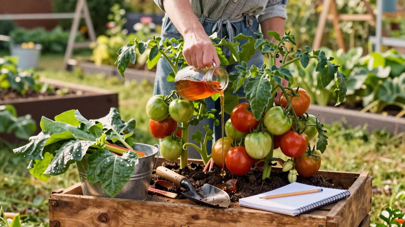Pessoa regando planta de tomateiro em canteiro de madeira em jardim ao ar livre.